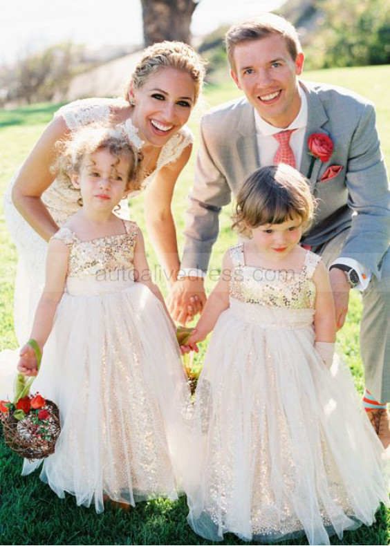 Champagne Sequin Ivory Tulle Knee Length Flower Girl Dress 